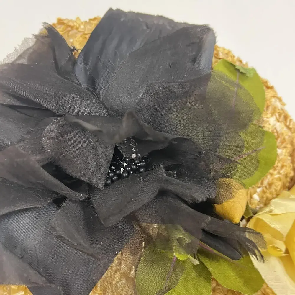 Vintage Mr Rickie Hat Cap Straw Floral Yellow Black Wide Brim Womens Spring 50s